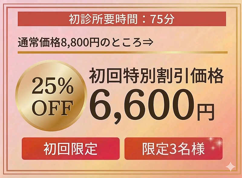初回特別割引価格、25％OFF！